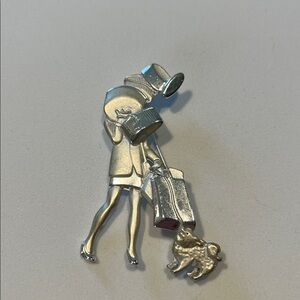 AJC Signed Silver Tone Woman Walking Dog Figural Brooch – Whimsical Pin